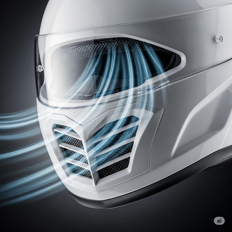 Close-up detail of the advanced ventilation system on a white motorcycle helmet, designed for optimal airflow.