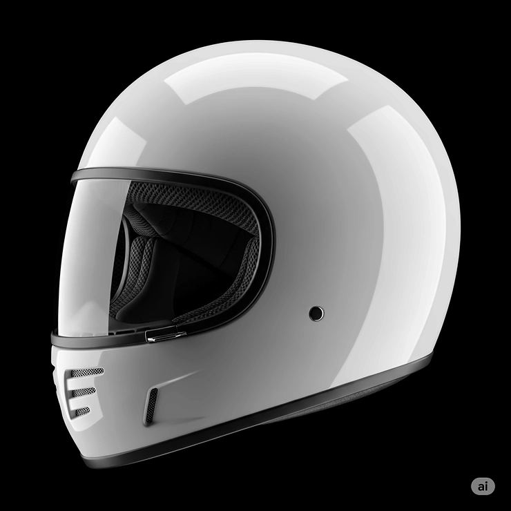 A gleaming white motorcycle helmet with a high-gloss finish, reflecting light beautifully and standing out.