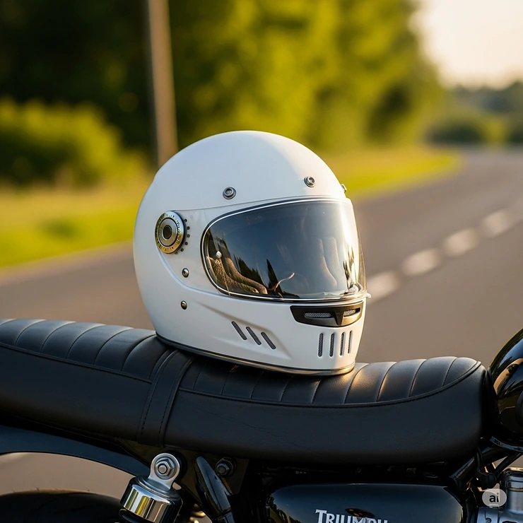 A stylish white motorcycle helmet resting on the seat of a motorcycle, ready for an adventure.