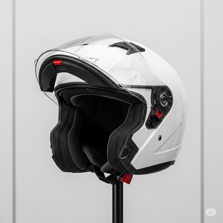 A white motorcycle helmet with its clear visor open, ready for a comfortable ride.