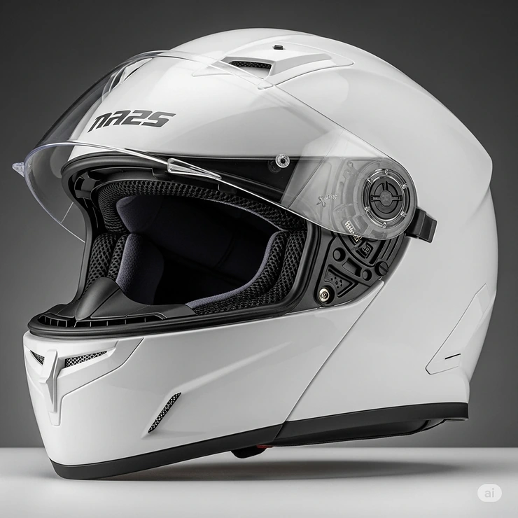 Side profile of a premium white motorcycle helmet, showcasing its comfortable padding and ventilation system.