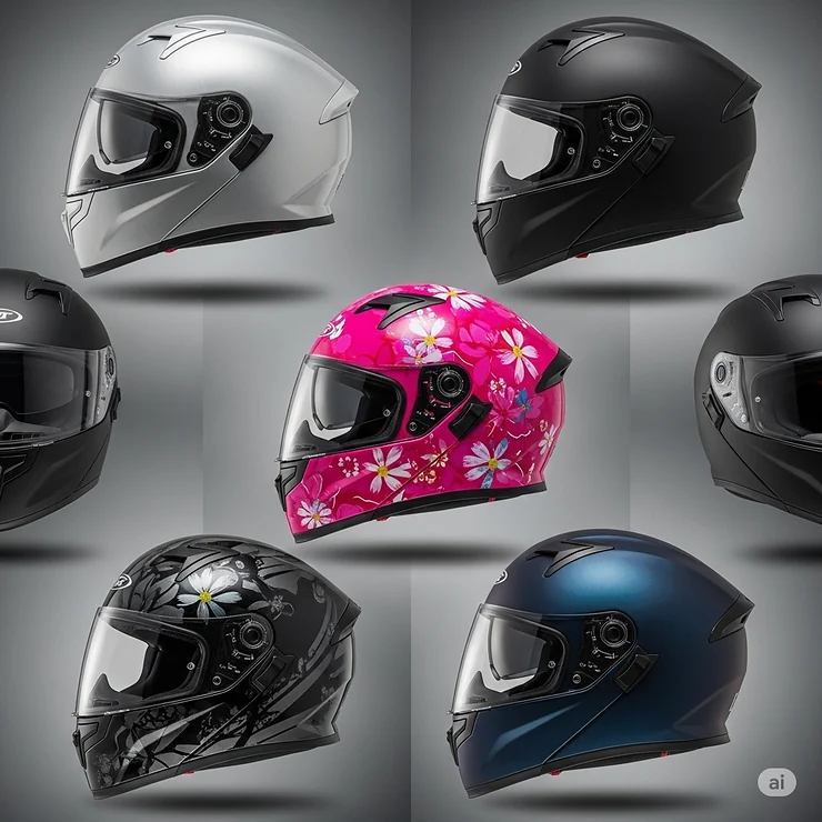 Assortment of women's full-face motorcycle helmets in various popular colors and finishes.