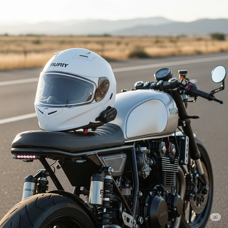 Stylish women's full-face motorcycle helmet resting on a motorcycle, ready for the next adventure.