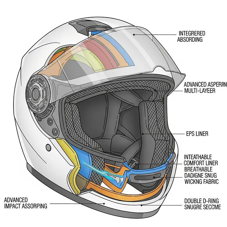 Cutaway illustration detailing the advanced safety features of a women's full-face motorcycle helmet, including its impact-absorbing liner.