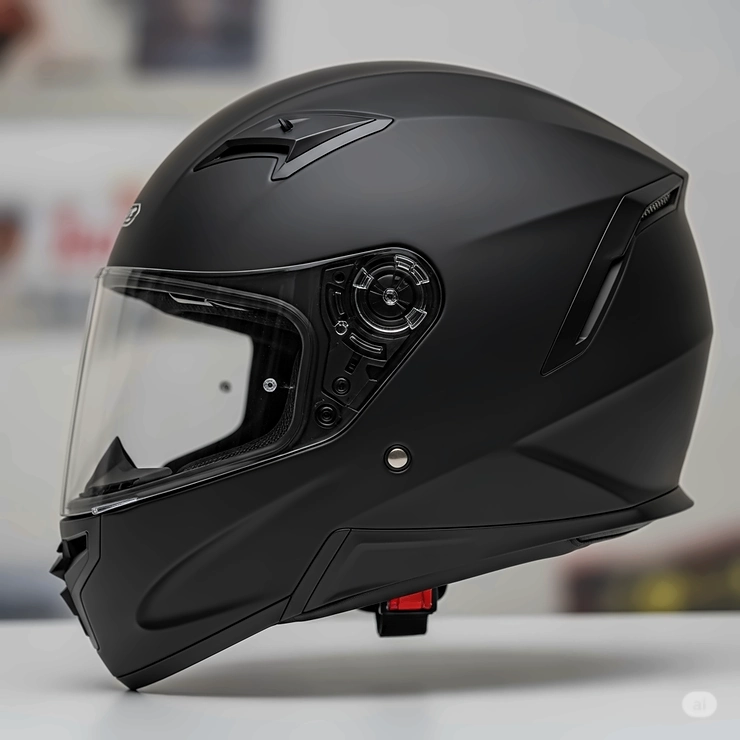 Side profile of a women's full-face motorcycle helmet, emphasizing its aerodynamic design and protective shell.