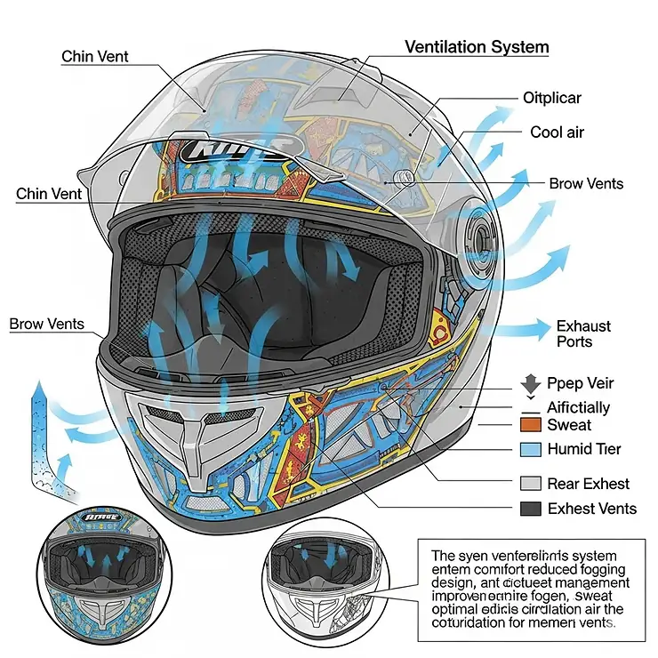 Diagram showing the advanced ventilation system of a women's full-face motorcycle helmet for superior airflow and comfort.