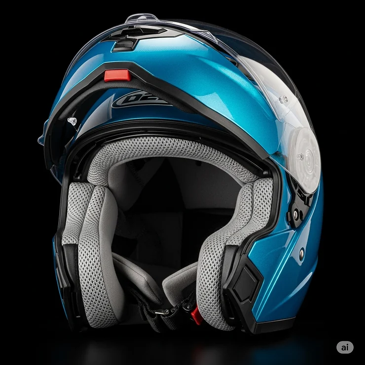 Women's full-face motorcycle helmet with the clear visor raised, showcasing comfortable inner padding and ventilation.