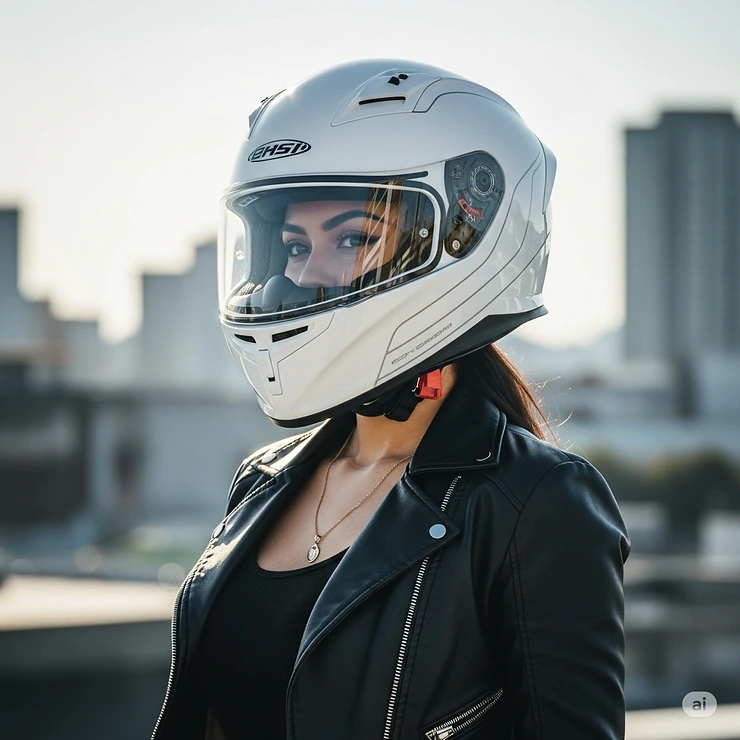 Confident woman wearing a stylish and protective full-face motorcycle helmet, ready for her ride. womens full face motorcycle helmets