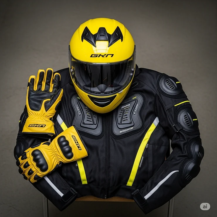 A complete set of motorcycle gear featuring a prominent yellow motorcycle helmet alongside matching gloves and a protective jacket, highlighting essential rider safety equipment.