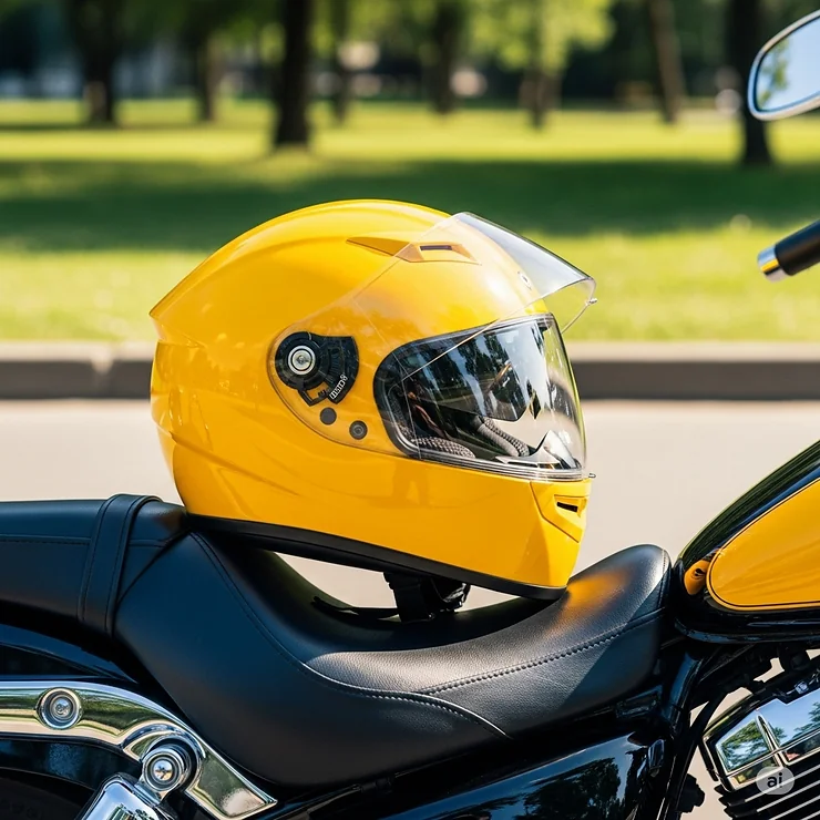 A distinctive yellow motorcycle helmet resting on the seat of a parked motorcycle, ready for the next ride.