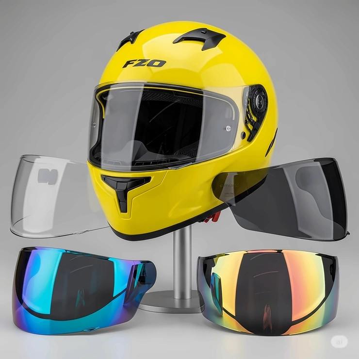 A bright yellow motorcycle helmet displayed with various visor options, including clear, tinted, and mirrored, for different riding conditions.