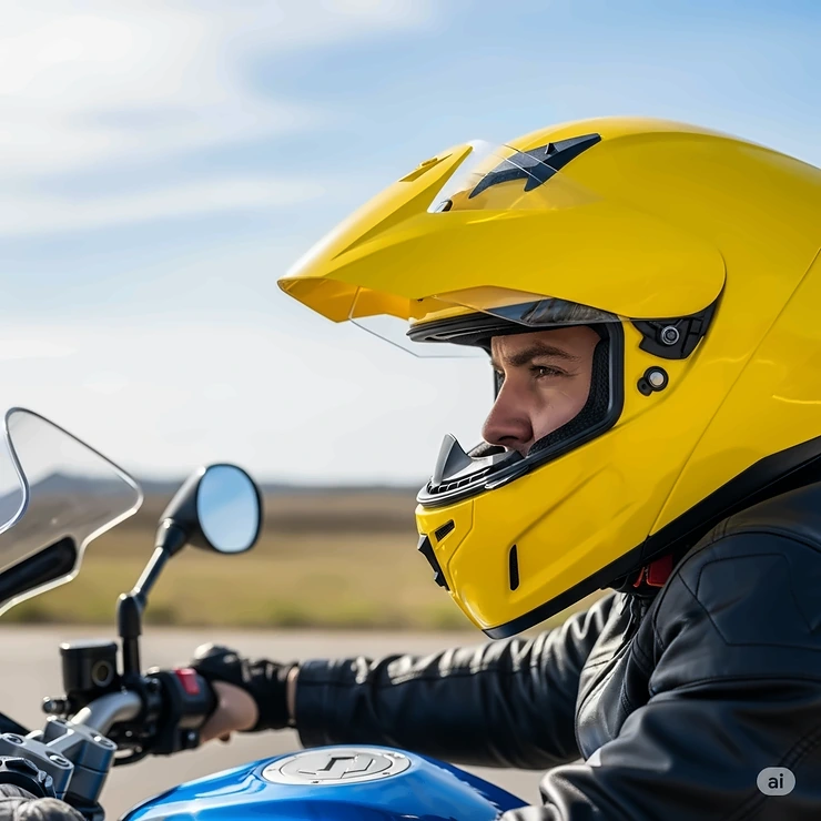 A vibrant yellow motorcycle helmet securely worn by a rider on a sunny day, showcasing its protective design and high visibility.