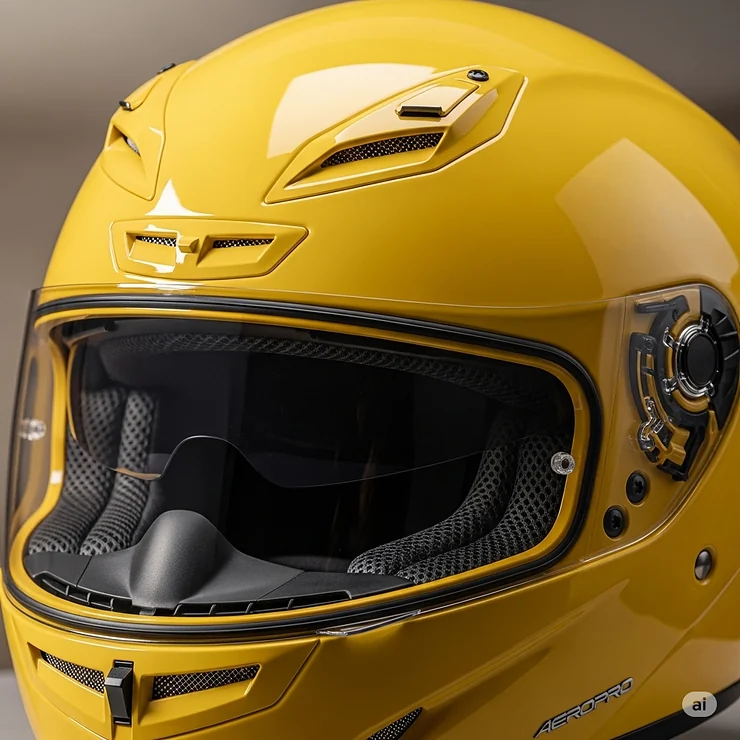 Detailed close-up of a glossy yellow motorcycle helmet, highlighting its advanced ventilation system and smooth finish.