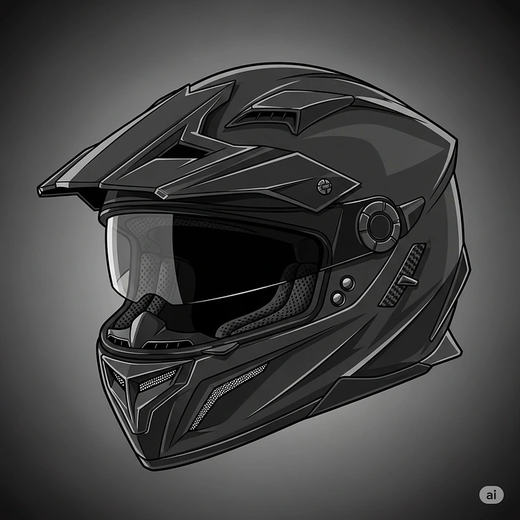 Illustration of a motorcycle helmet featuring sharp lines, bold vents, and a matte black finish, highlighting its aggressive and badass design.