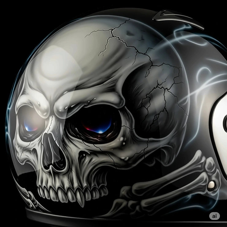 Close-up of an airbrushed skull design on a motorcycle helmet, highlighting the artistic detail and craftsmanship.