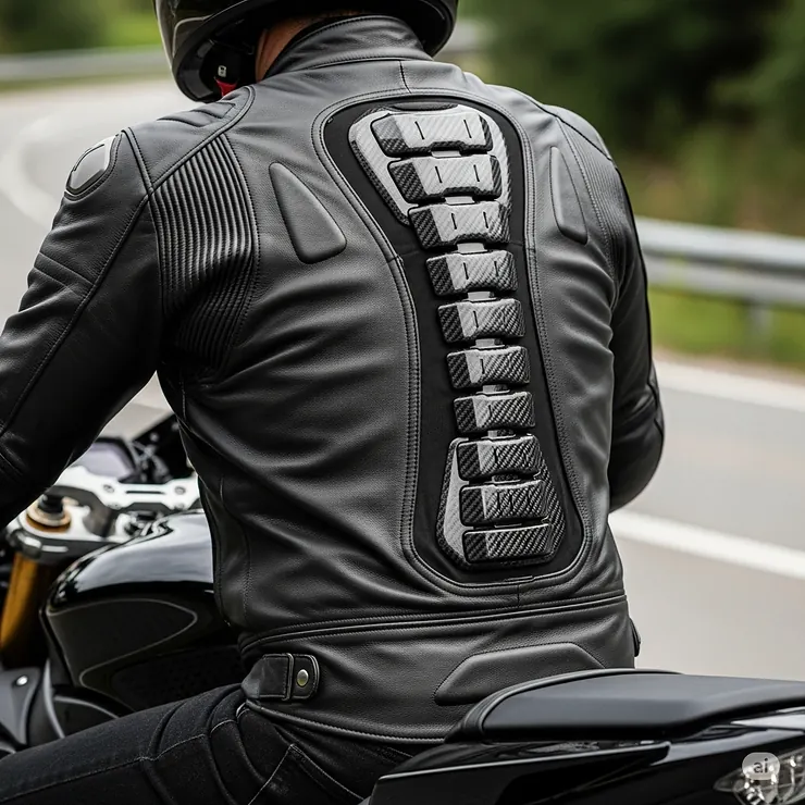 A view of the back of a rider, showing the spinal back protector integrated into the armoured leather motorcycle jacket.