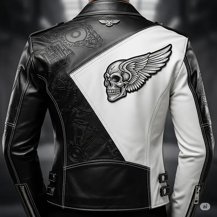 A striking back view of the black and white biker jacket, highlighting its unique design.