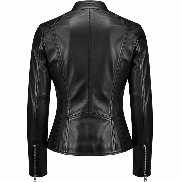 A full back view of the women's leather motorcycle jacket, highlighting its tailored fit.