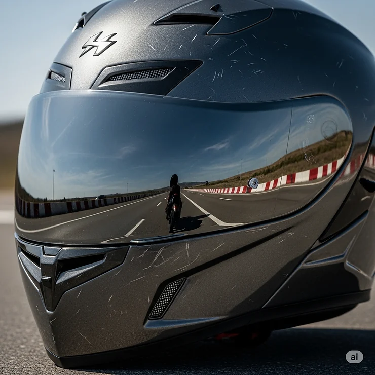 A close-up of a dark, aggressive-looking full-face motorcycle helmet with a metallic finish, reflecting the open road, epitomizing a truly badass aesthetic. badass motorcycle helmets