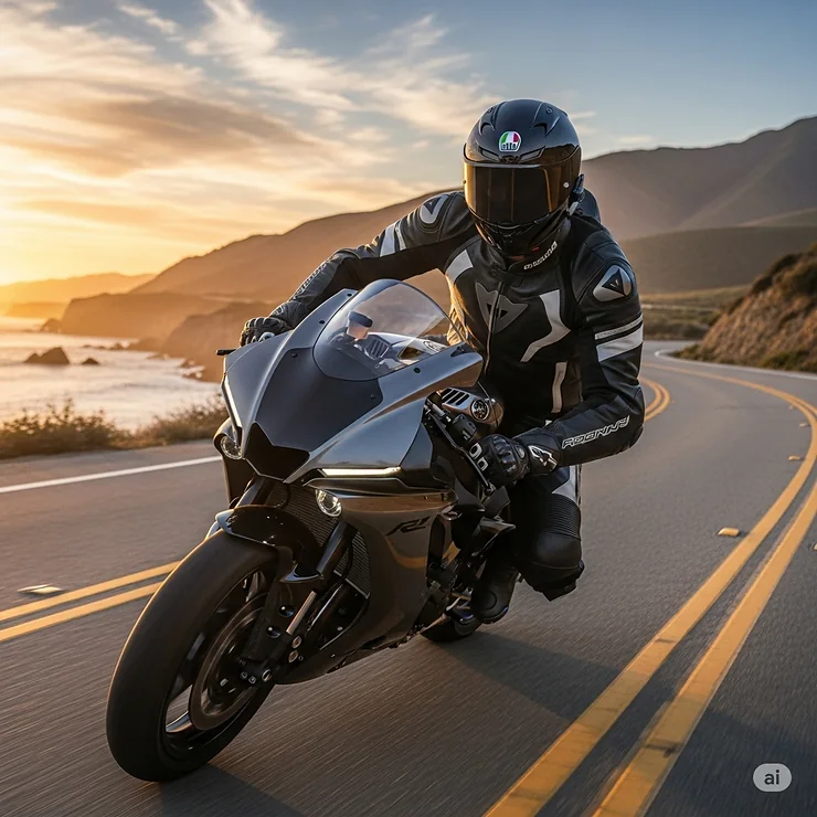 A man wearing the best motorcycle gear for men​, including a helmet, jacket, and gloves, is riding a motorcycle.