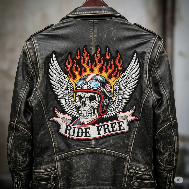 The back of a leather biker jacket with a custom patch, showcasing how these jackets are often personalized by their owners.