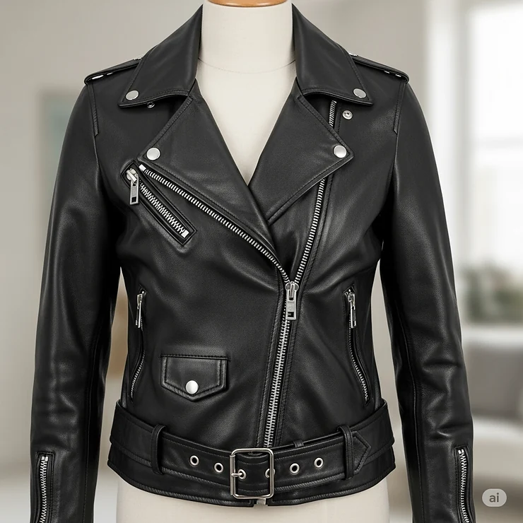 A classic biker-style women's leather jacket with silver hardware and a waist belt.