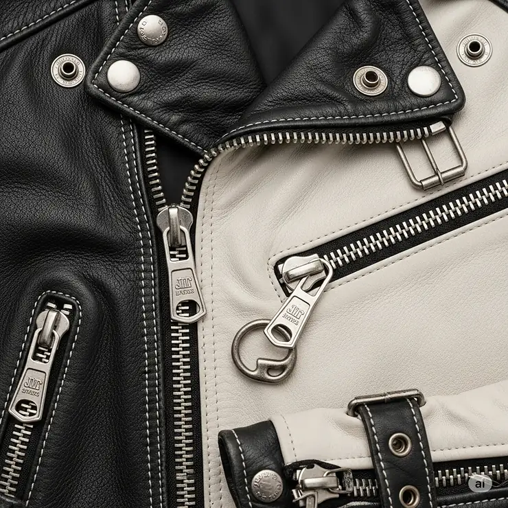Details of the sturdy metal zippers and hardware on the black and white motorcycle jacket.