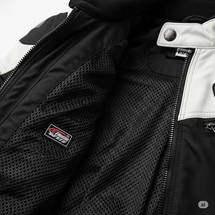 The comfortable and breathable inner lining of the black and white motorcycle jacket.