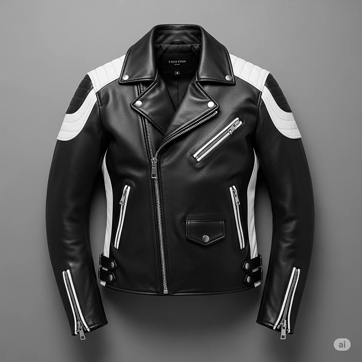 A stylish black and white motorcycle jacket made of high-quality leather.