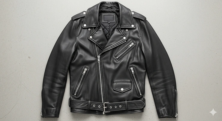 An overhead flat lay of a black leather biker jacket with a classic lapel collar and multiple zippered pockets.