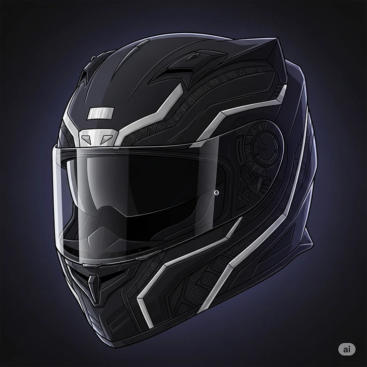 An artistic illustration of a Black Panther motorcycle helmet, emphasizing its stealthy black finish and Wakandan-inspired silver accents, designed for ultimate protection.