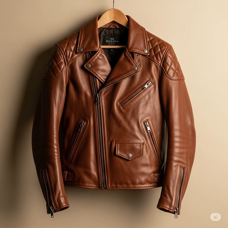 A stylish brown leather motorcycle jacket hanging on a wooden hanger, ready for a ride.