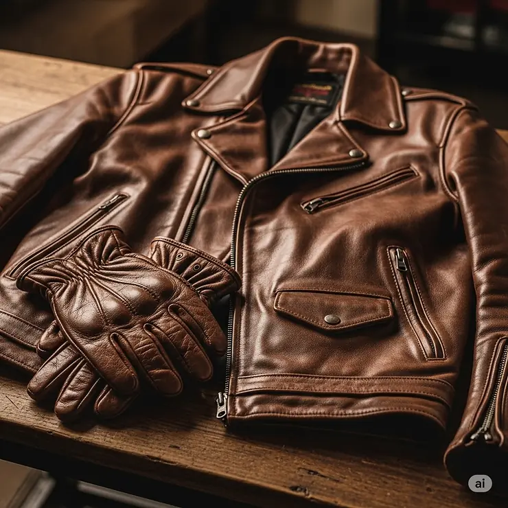 A pair of brown leather motorcycle gloves lying next to a matching jacket, highlighting the complete riding gear.