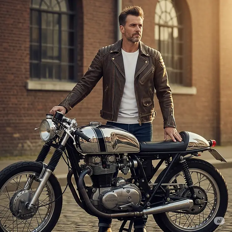 A man wearing a stylish brown leather motorcycle jacket, standing next to a vintage motorcycle.