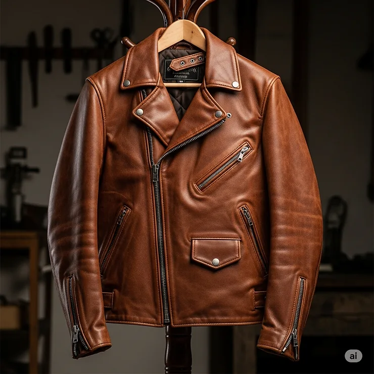 A man wearing a stylish brown leather motorcycle jacket, standing next to his classic motorcycle.