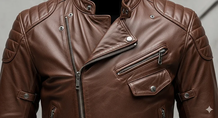 A detailed front shot of a brown men's motorcycle leather jacket, showcasing its asymmetric zipper and padded shoulders.