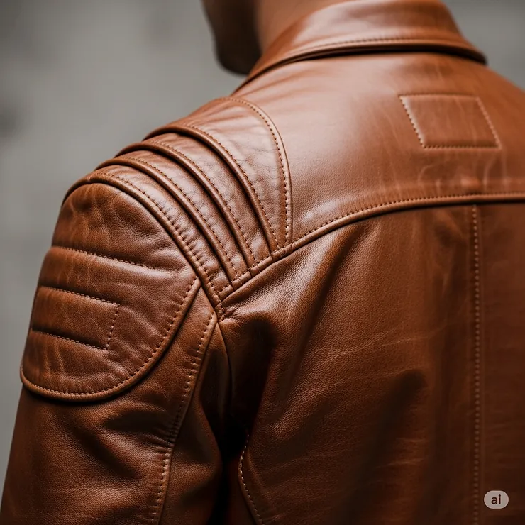 The back view of a brown motorcycle jacket, showing the shoulder pleats and clean design.