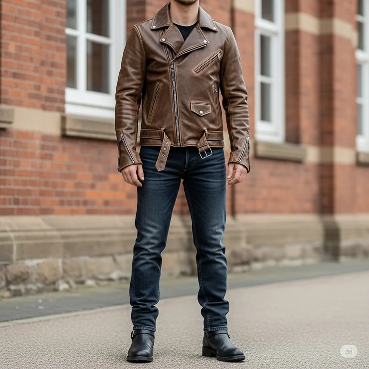 A full outfit featuring a brown motorcycle jacket paired with dark jeans and boots.