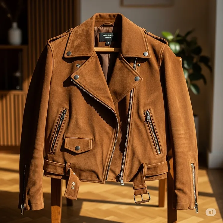 A stylish brown suede biker jacket, showing that these classic jackets come in a variety of colors and materials beyond traditional black leather.