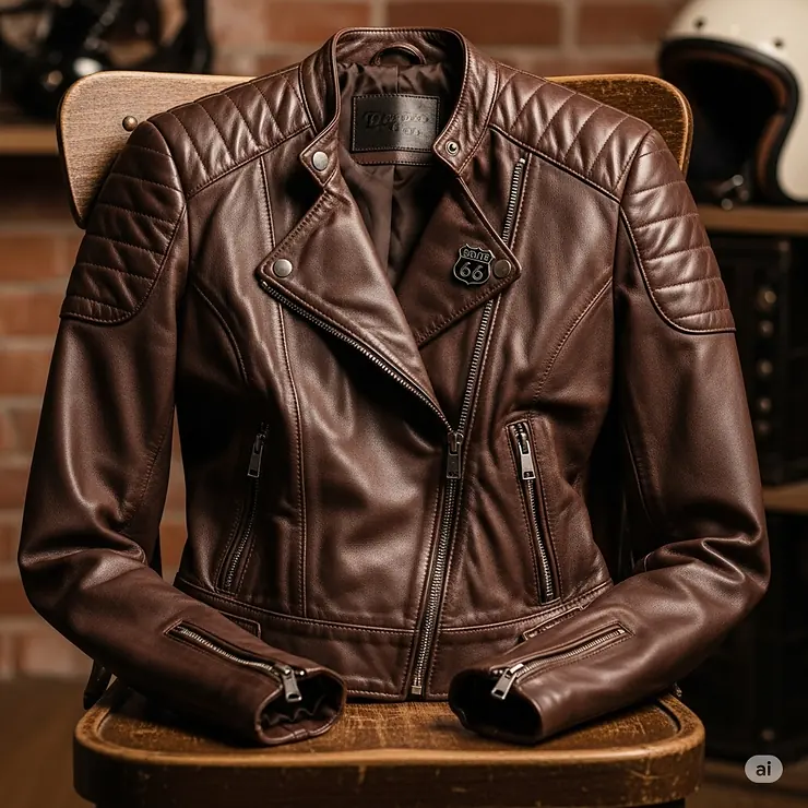 A beautiful brown women's leather motorcycle jacket, offering an alternative to the classic black.