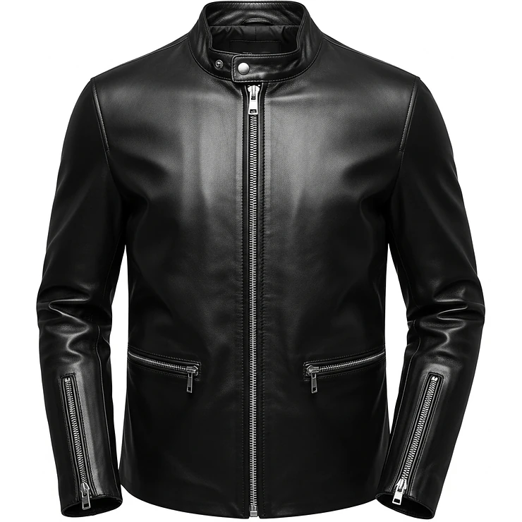 A sleek cafe racer jacket with a clean, minimalist design and a straight collar, representing a different style of biker jacket.