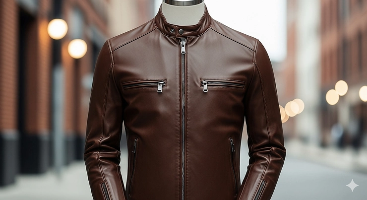 A sleek, minimalist men's cafe racer style leather jacket in dark brown, featuring a snap-tab collar.