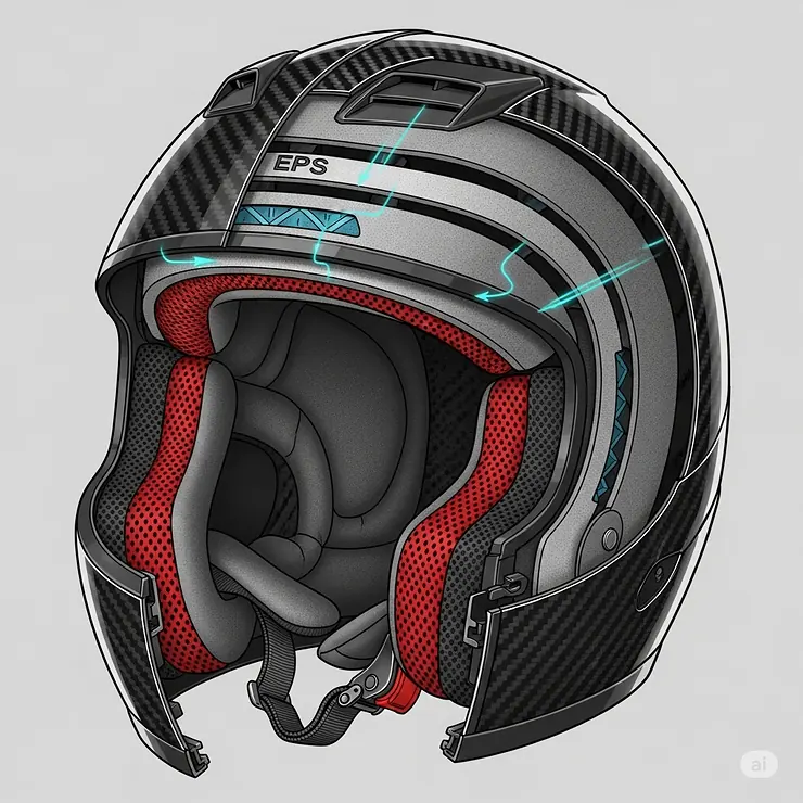 A cutaway illustration of a lightweight carbon fiber motorcycle helmet, showcasing its advanced construction for maximum protection and a badass look.