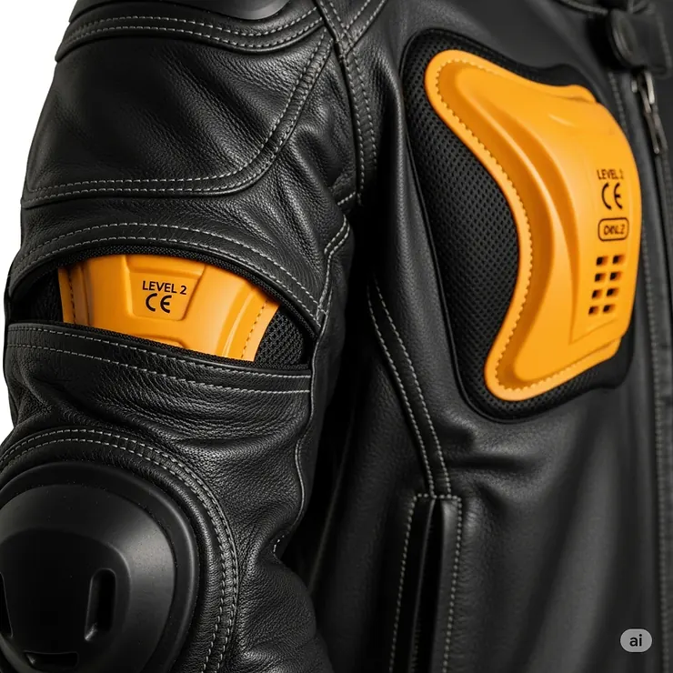 Close-up of the elbow and shoulder protection, showing the CE-rated armour inside a premium motorcycle leather jacket.