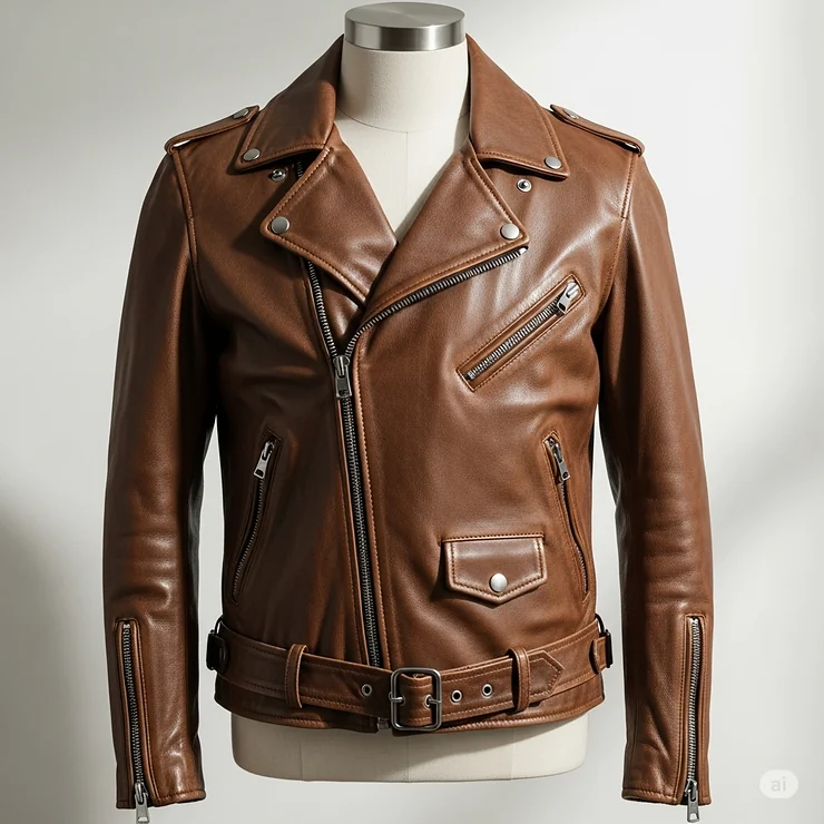 A classic-style brown leather biker jacket with a zipper and snap buttons, displayed on a mannequin.