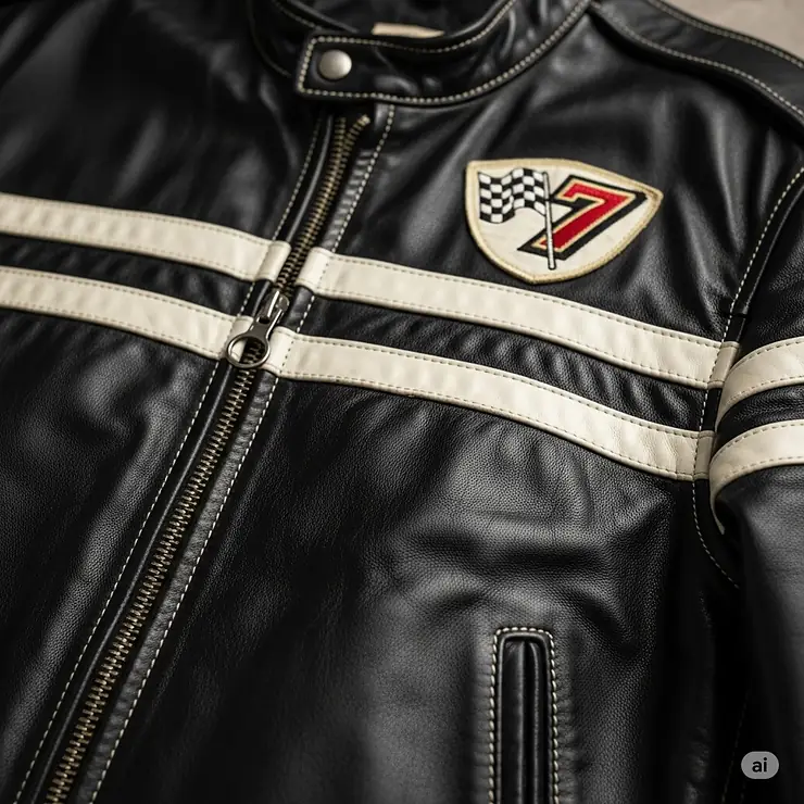 A close-up shot of a classic black leather racing jacket with white stripes, highlighting the high-quality material and detailed craftsmanship of this iconic style.