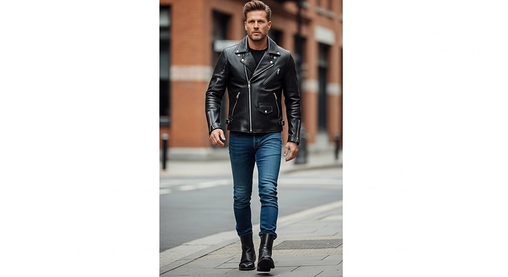 A full-body view of a man in a classic black motorcycle leather jacket with silver hardware, styled with jeans and boots.