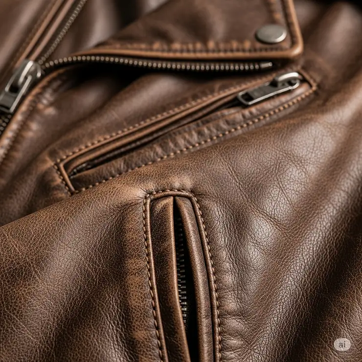 Close-up of the distressed brown leather texture on a high-quality motorcycle jacket, showing fine details.