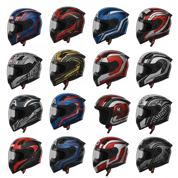 An illustration displaying a diverse collection of Marvel motorcycle helmets, including designs from various Avengers characters, showcasing the range of available styles.