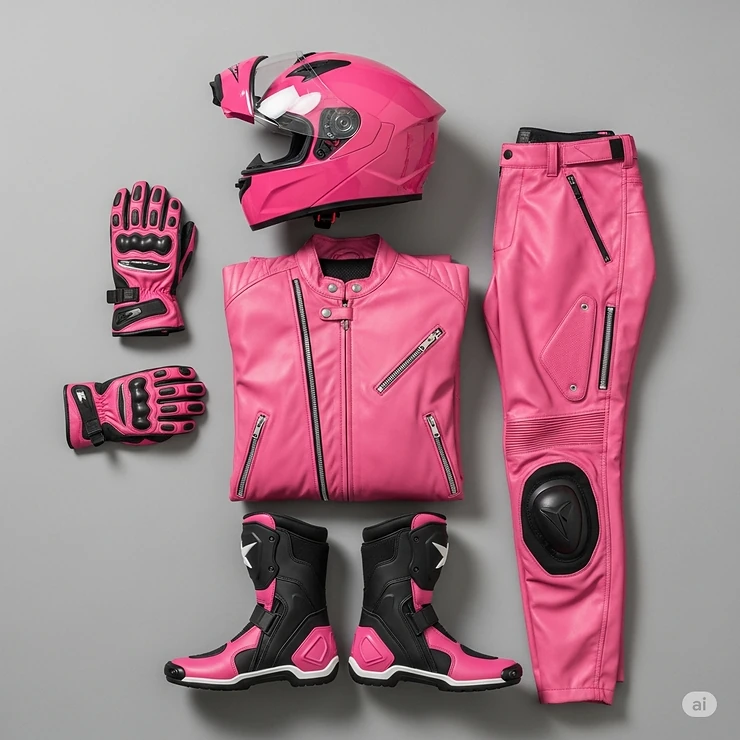 Lay-flat view of a complete set of pink motorcycle gear, including a helmet, jacket, gloves, pants, and boots, ready for a ride.